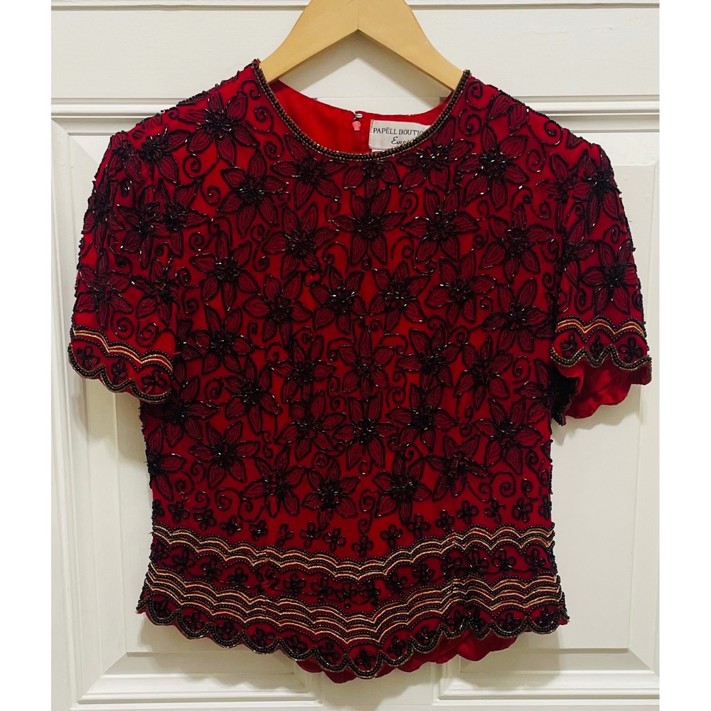 Papell Boutique‎ Beaded Top Evening Party Cocktail Blouse Red Black S Vintage